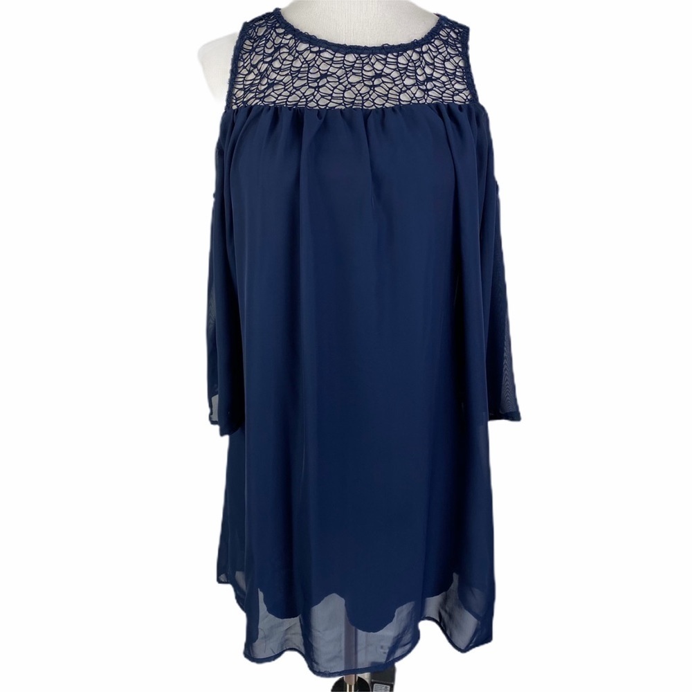 Bailey Blue Cold Shoulder Crochet Trim Sheer Mini Dress Women's Medium Navy NEW
